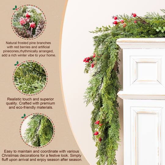 Glitzhome® 6ft. Christmas Greenery Frosted PE Dripping Garland with Pinecones & Red Berries, Set of 2